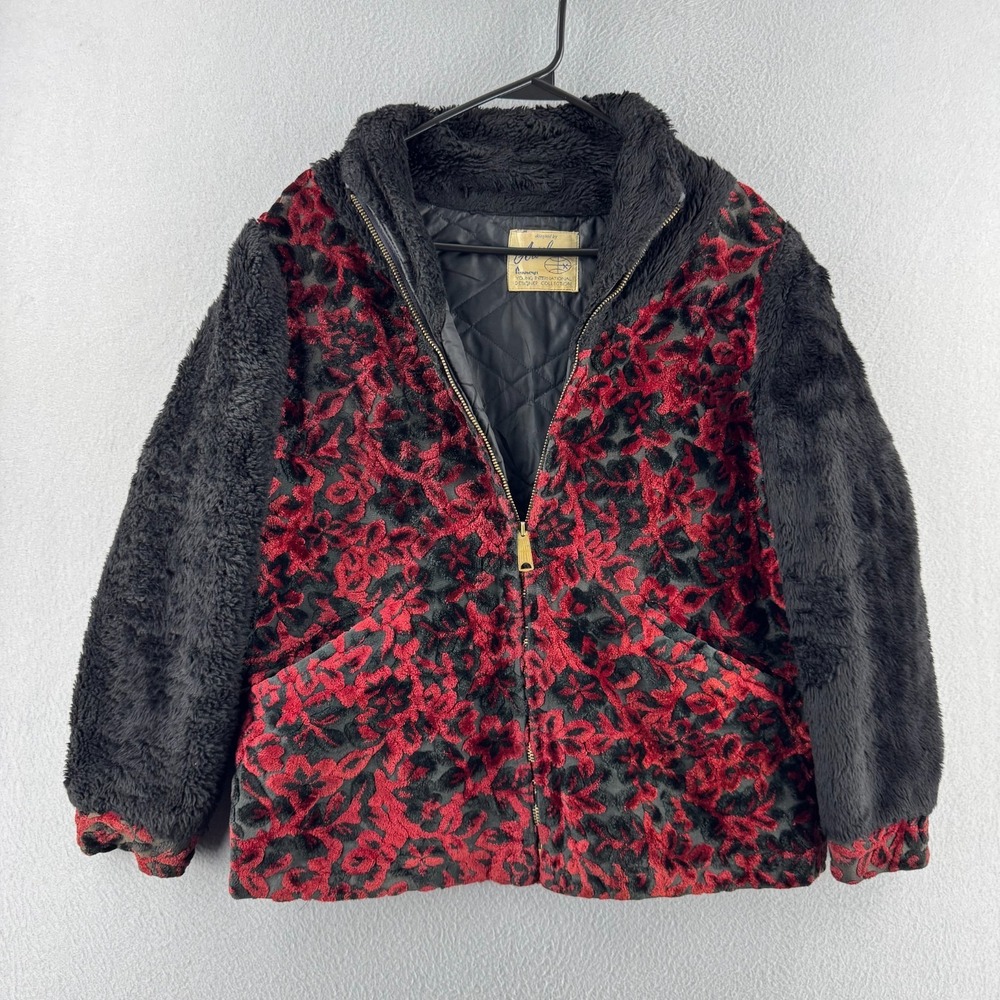 Vintage 60s Penneys Jacket Womens Medium Pile Fleece Talon Zip Jacquard Floral